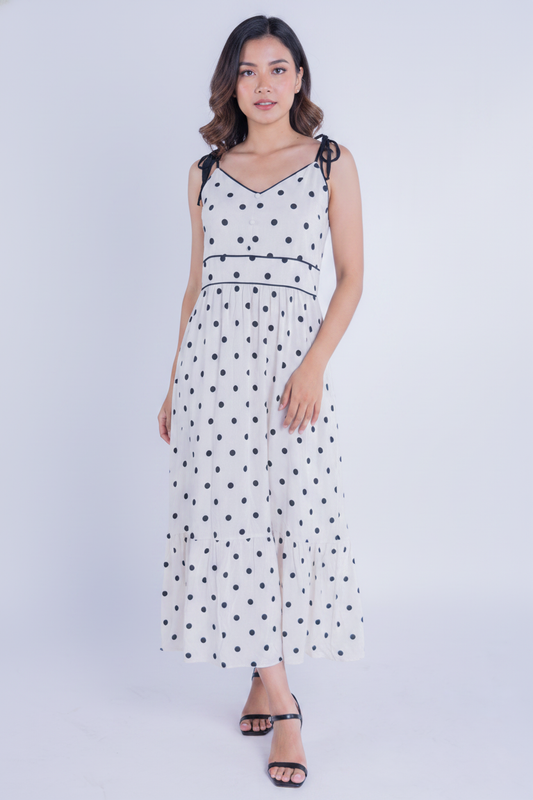 Vestido beige largo estampado de puntos