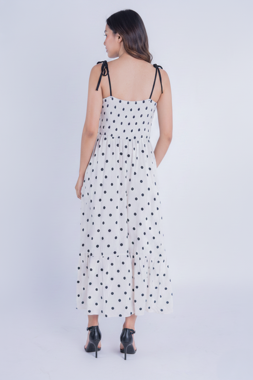 Vestido beige largo estampado de puntos
