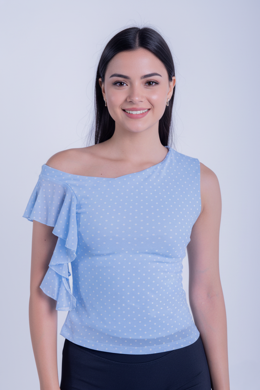 Blusa azul con olanes laterales estampado de puntos