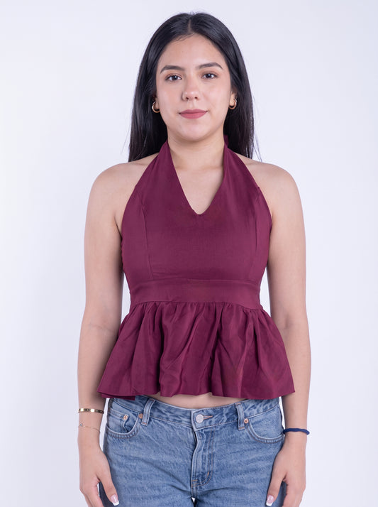 Blusa guinda halter con olan