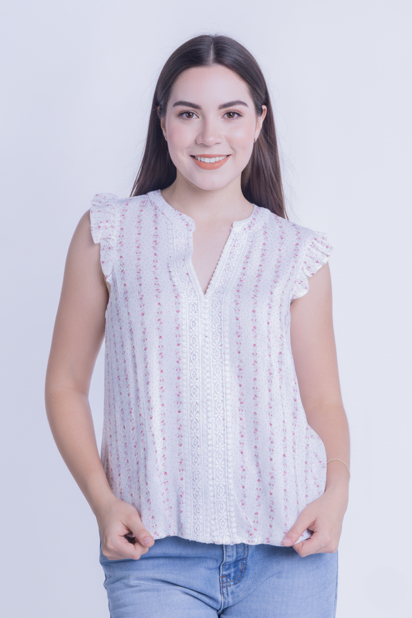 Blusa blanca abotonada floreada