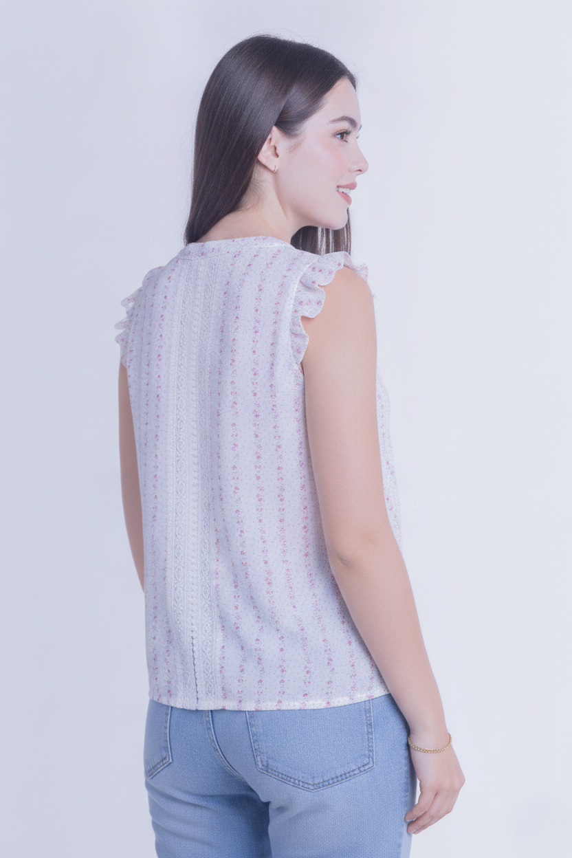 Blusa blanca abotonada floreada