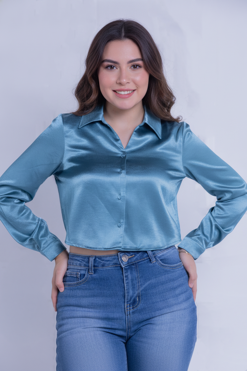 Crop top satinado abotonado manga larga