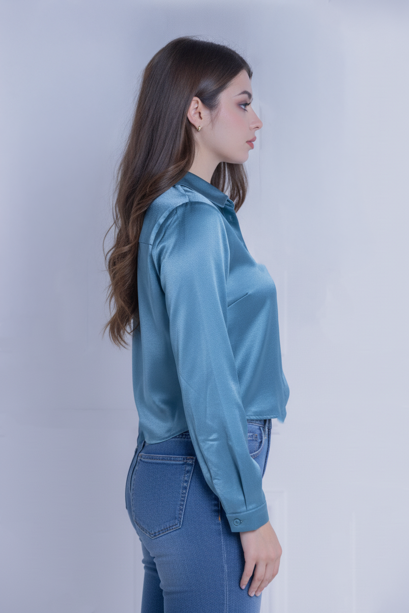 Crop top satinado abotonado manga larga