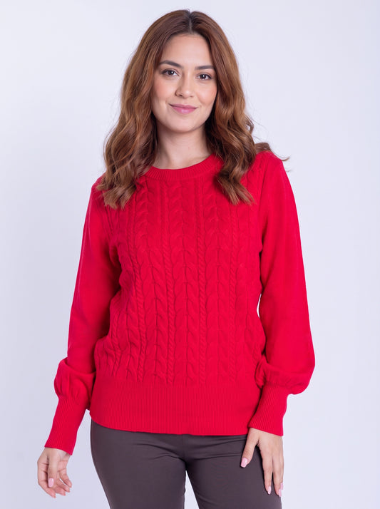 Suéter rojo cuello redondo trenzado