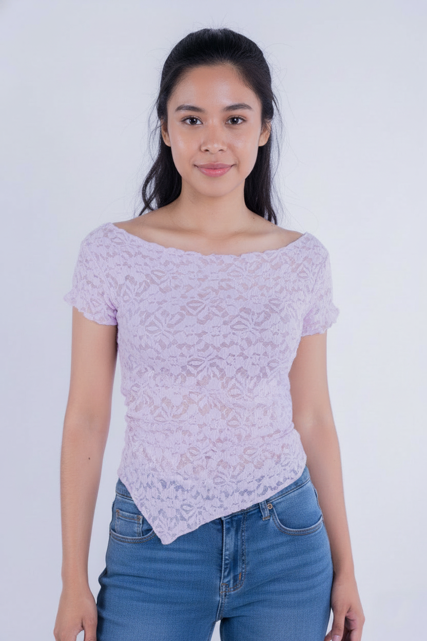 Blusa Rosa de encaje manga corta con corte desigual