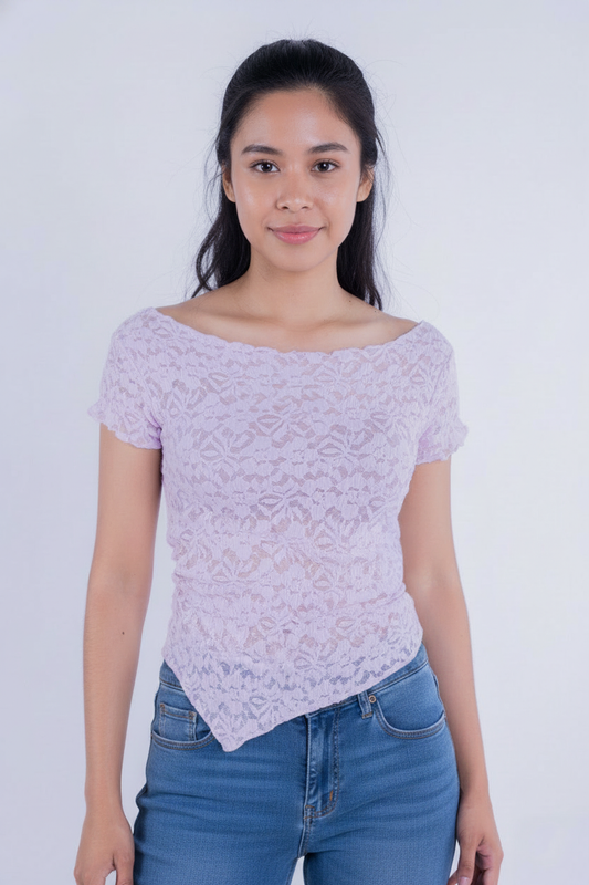 Blusa Rosa de encaje manga corta con corte desigual