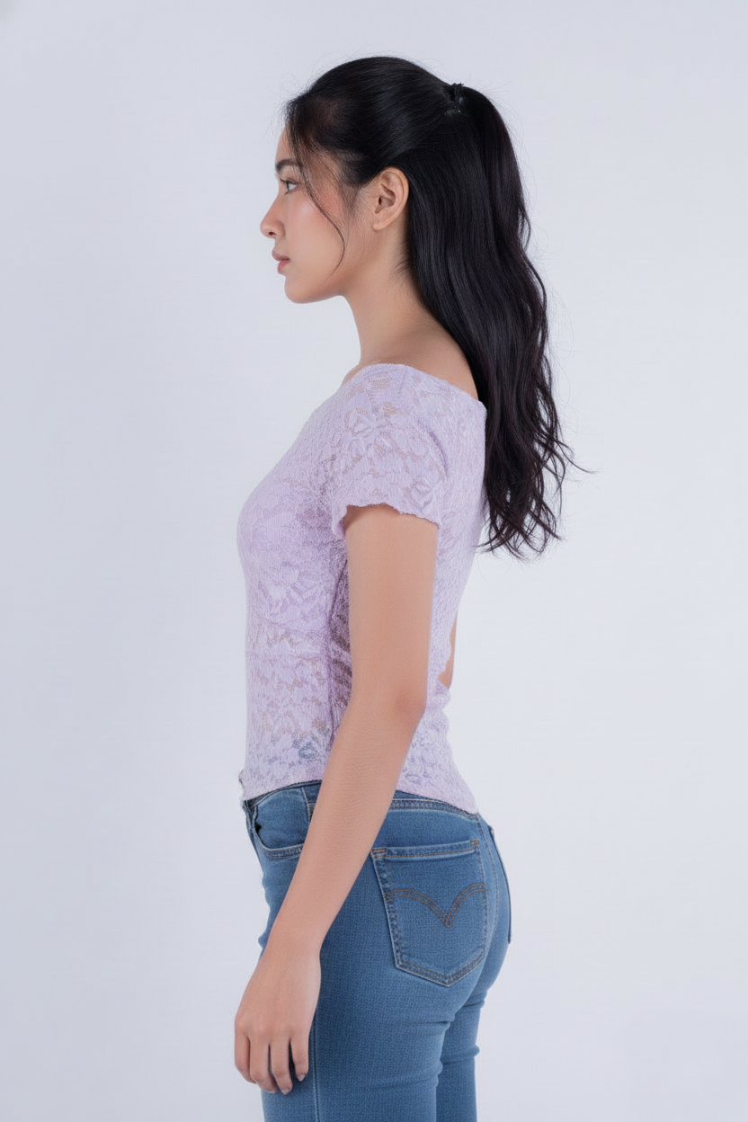 Blusa Rosa de encaje manga corta con corte desigual