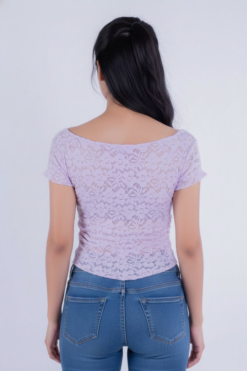 Blusa Rosa de encaje manga corta con corte desigual