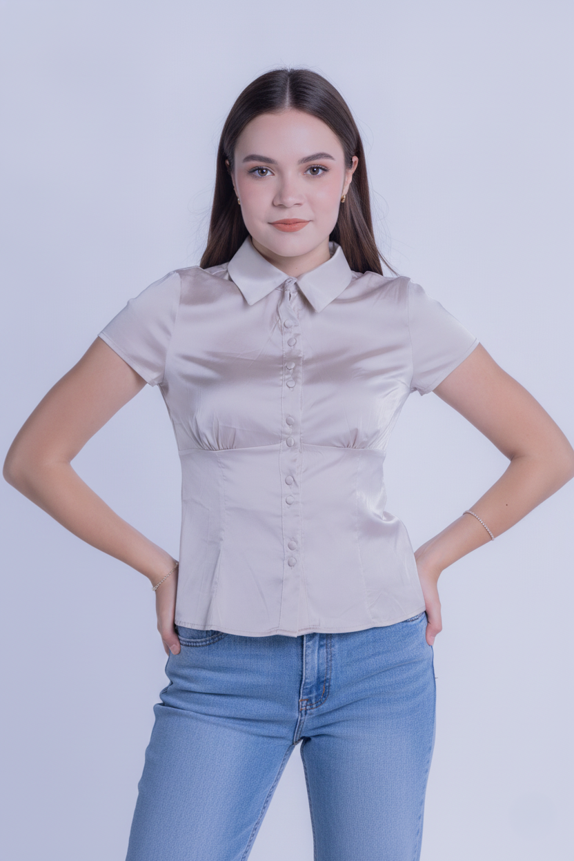 Blusa beige satinada con pinzas abotonada manga corta