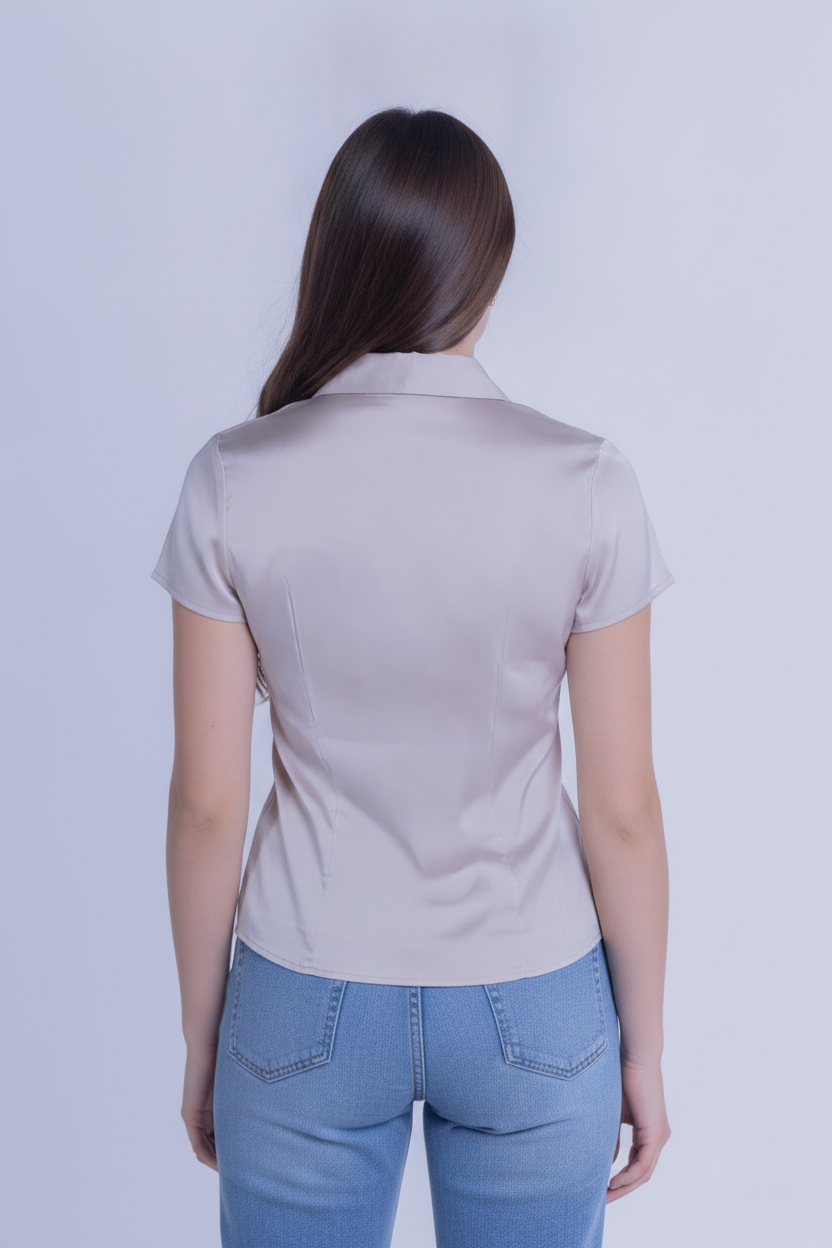 Blusa beige satinada con pinzas abotonada manga corta