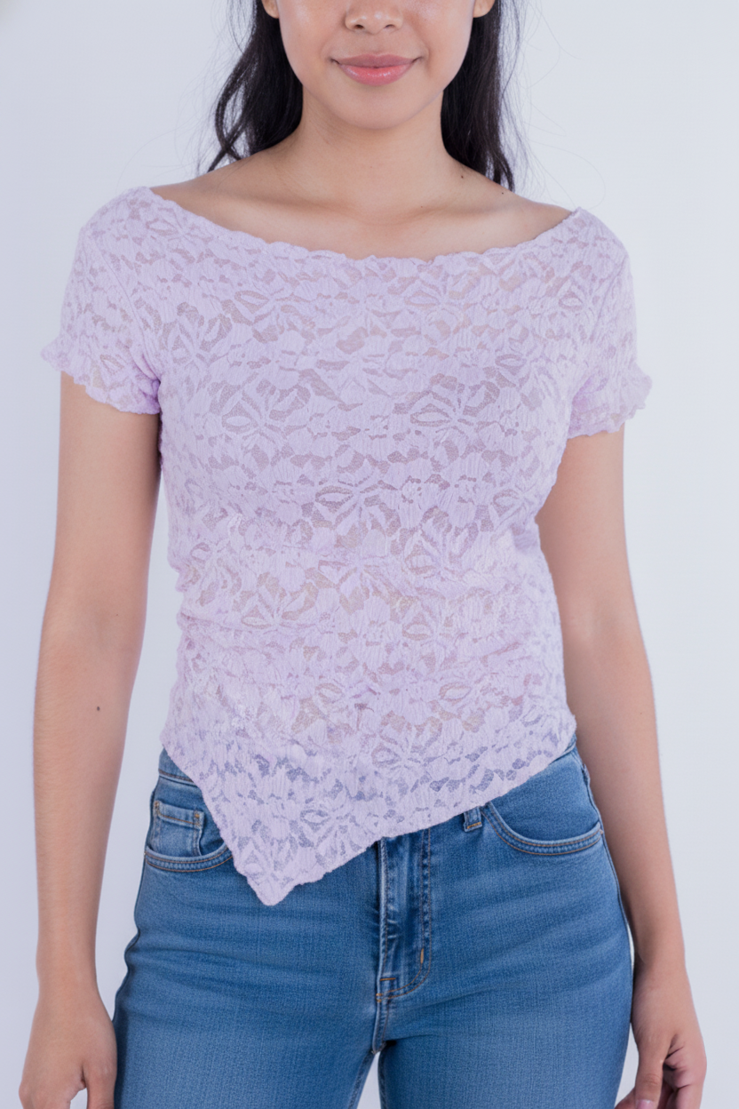 Blusa Rosa de encaje manga corta con corte desigual