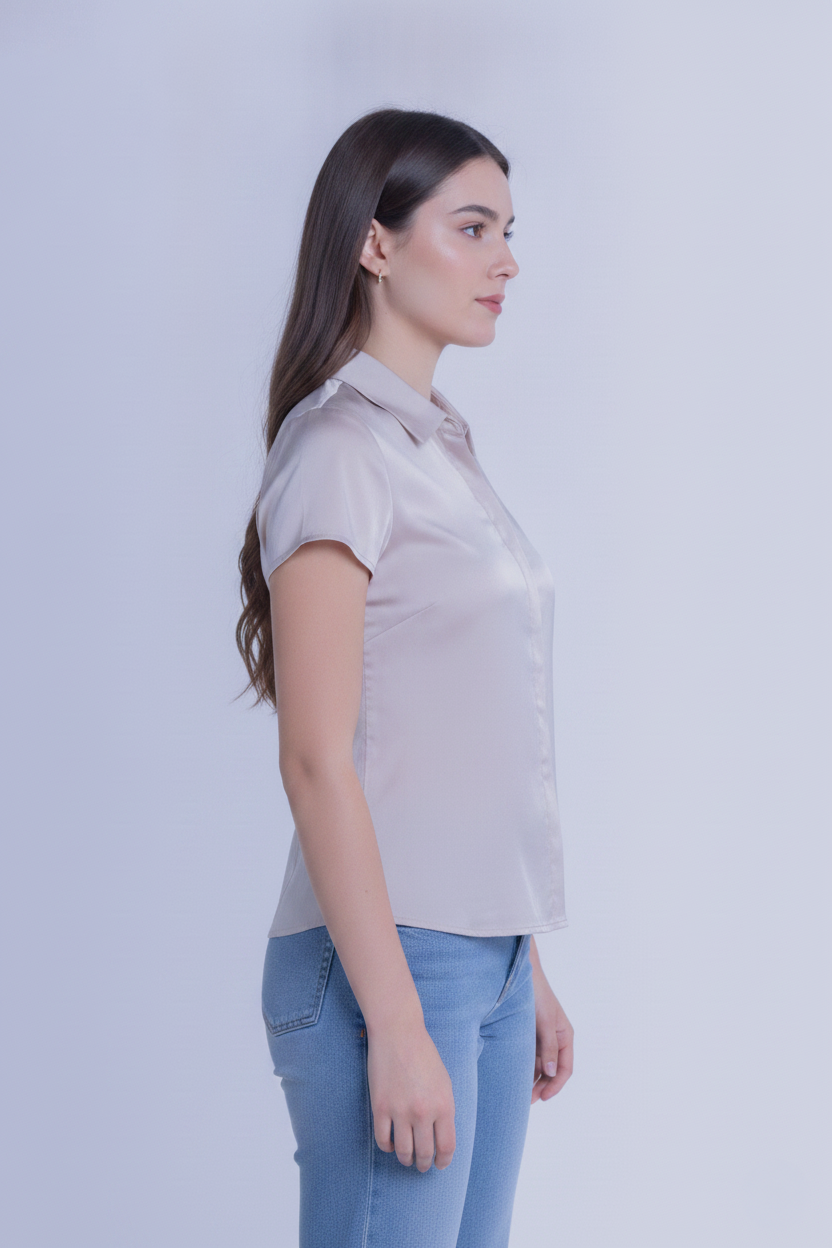 Blusa beige satinada con pinzas abotonada manga corta
