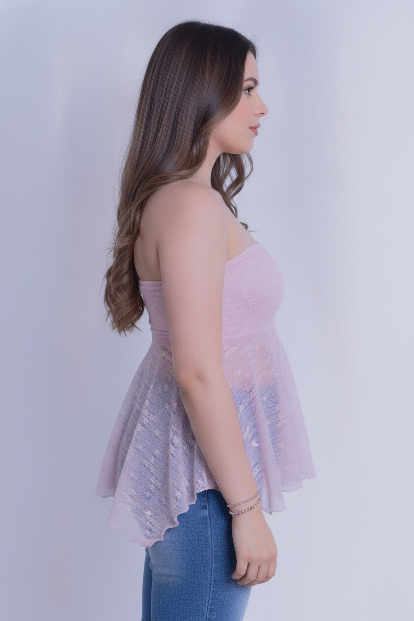 Strapless rosa de brillos con trasparencias