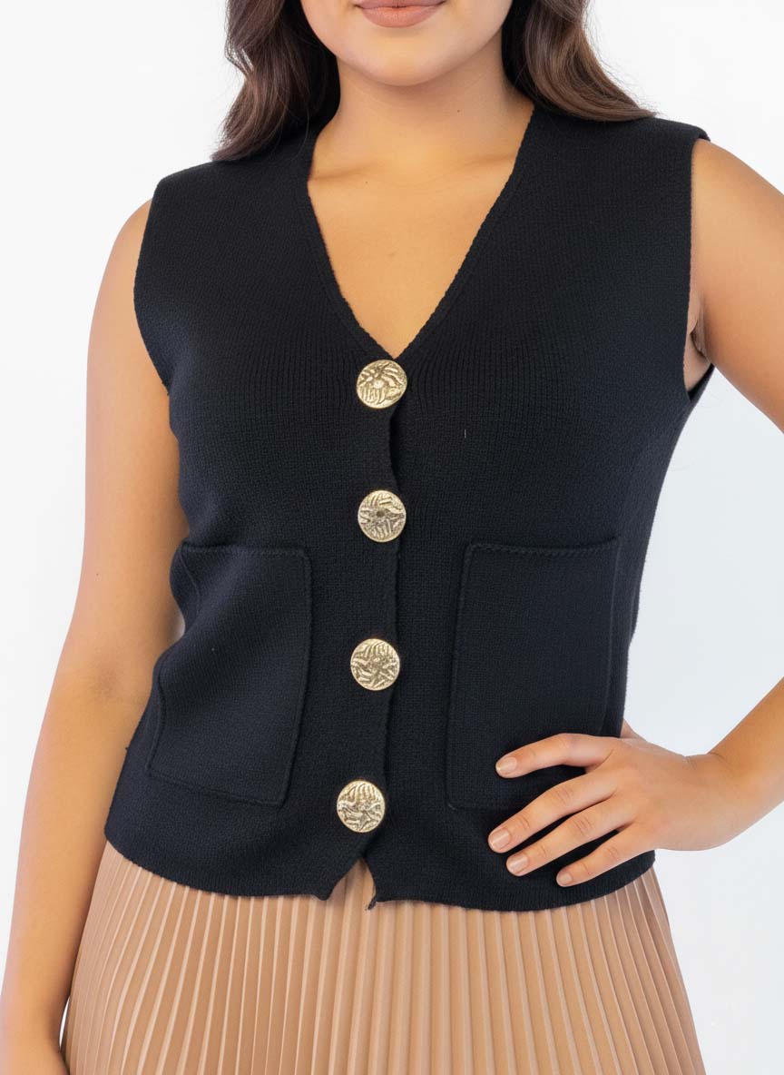 Chaleco acanalado con botones grandes y cuello en V