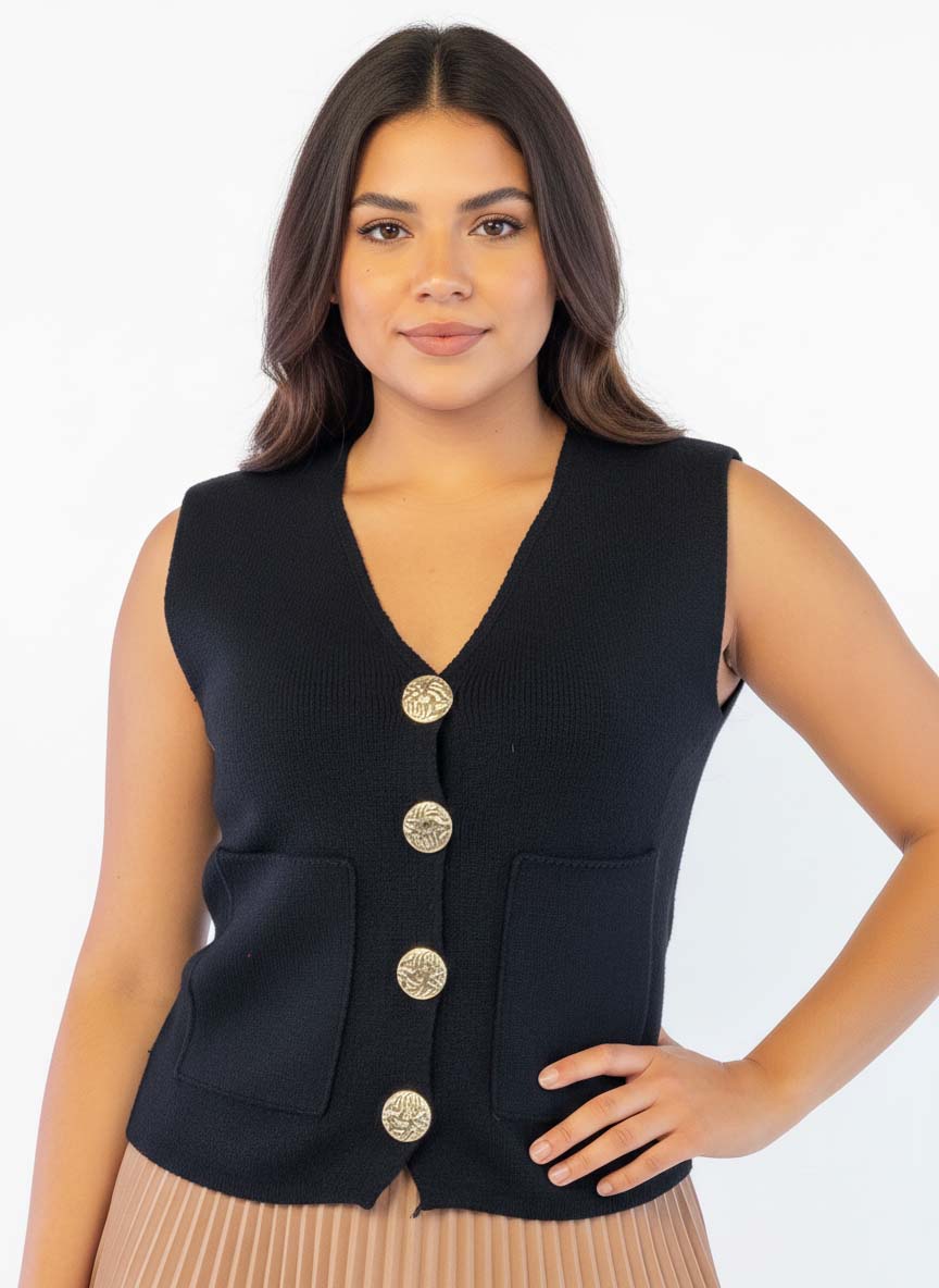 Chaleco acanalado con botones grandes y cuello en V