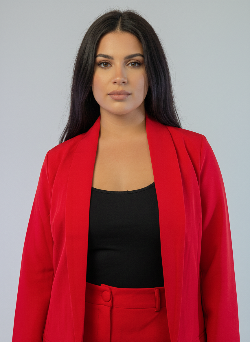 Conjunto rojo de saco y pantalón de vestir