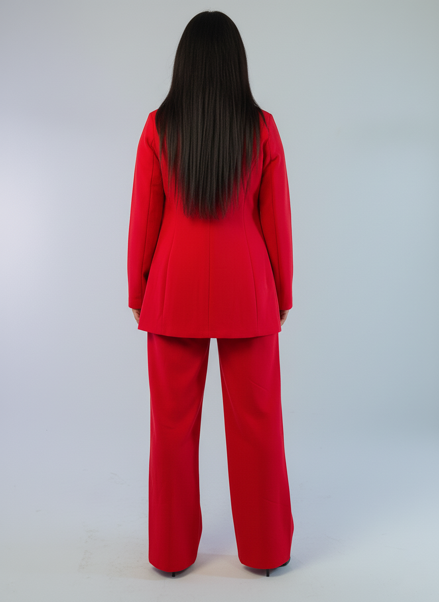 Conjunto rojo de saco y pantalón de vestir