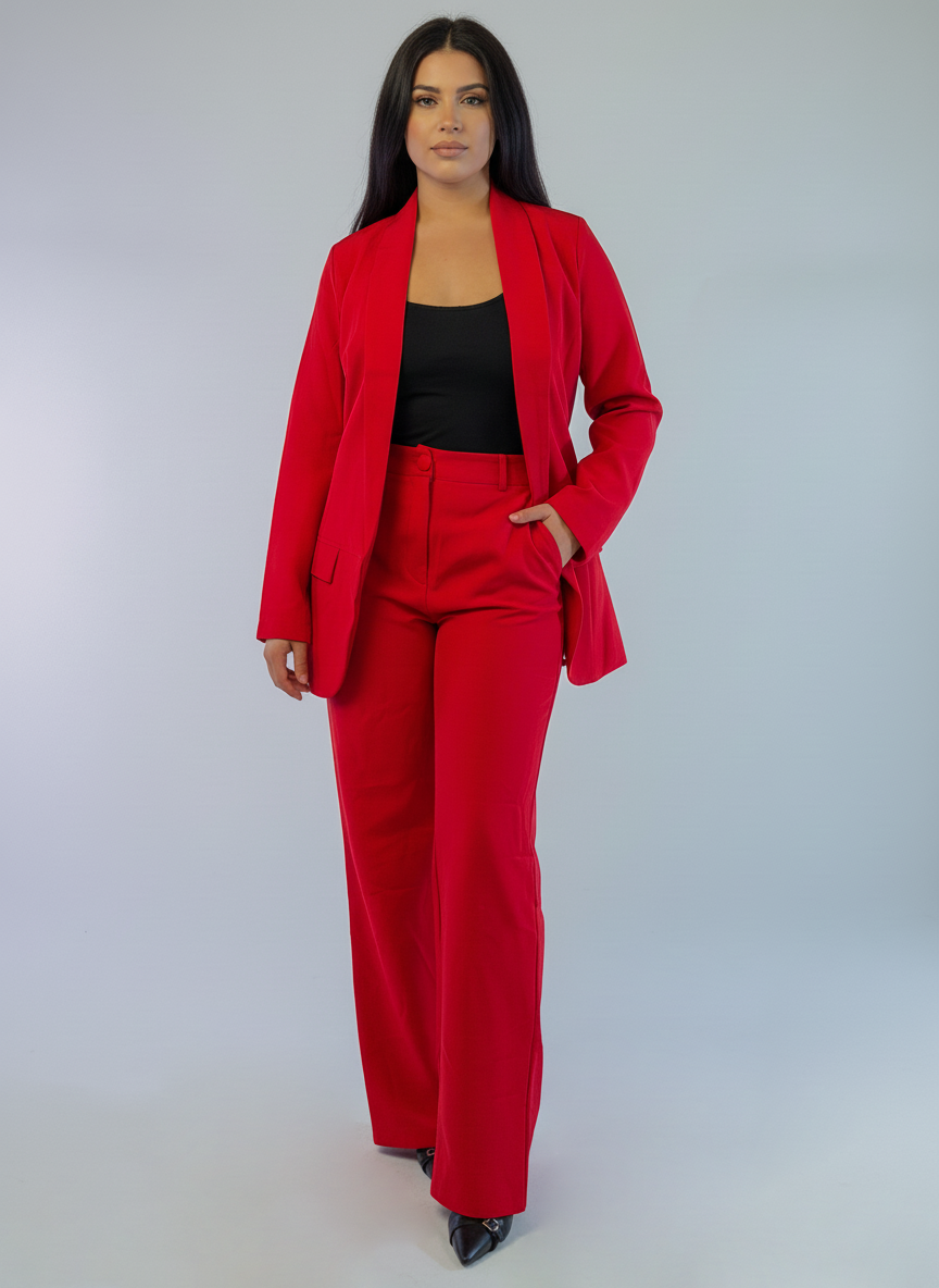 Conjunto rojo de saco y pantalón de vestir