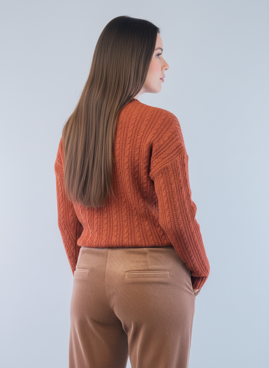 Suéter naranja cuello circular con detalles de trenzas