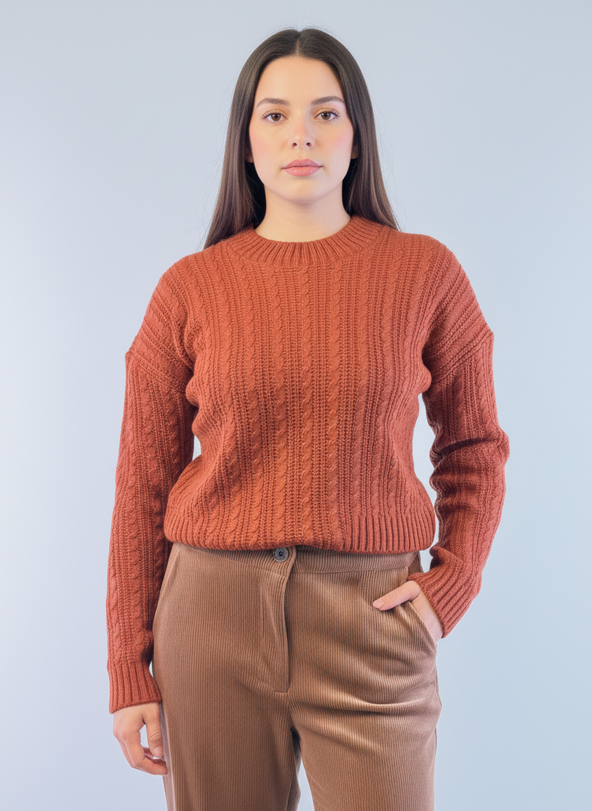 Suéter naranja cuello circular con detalles de trenzas