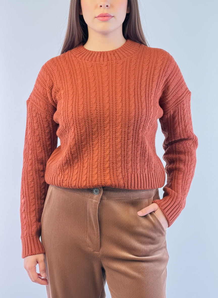 Suéter naranja cuello circular con detalles de trenzas