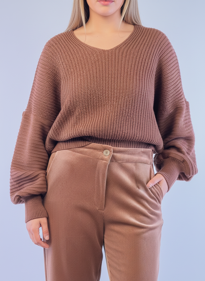 Suéter cafe cuello redondo tejido