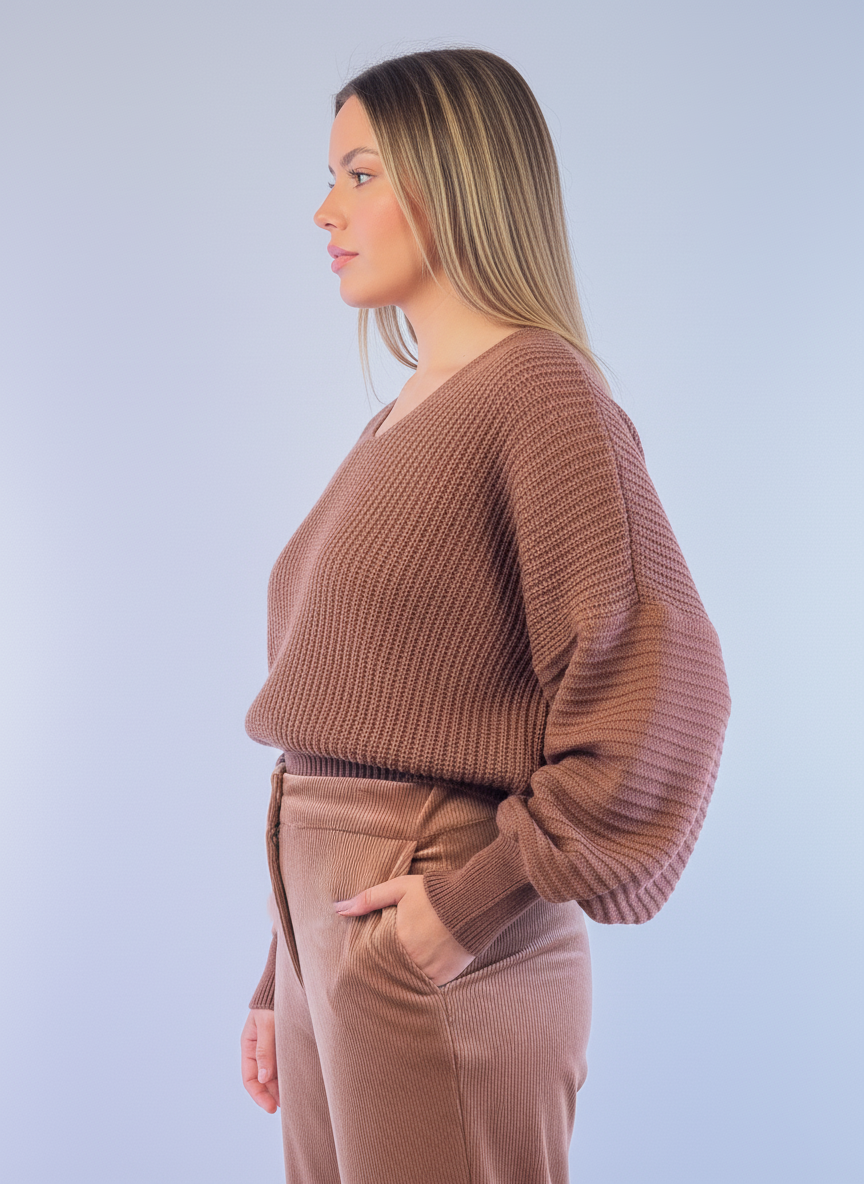 Suéter cafe cuello redondo tejido