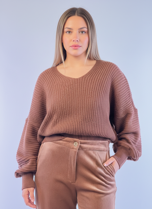 Suéter cafe cuello redondo tejido