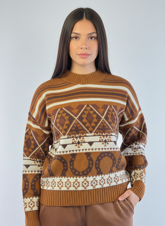 Suéter cafe con rayas y figuras