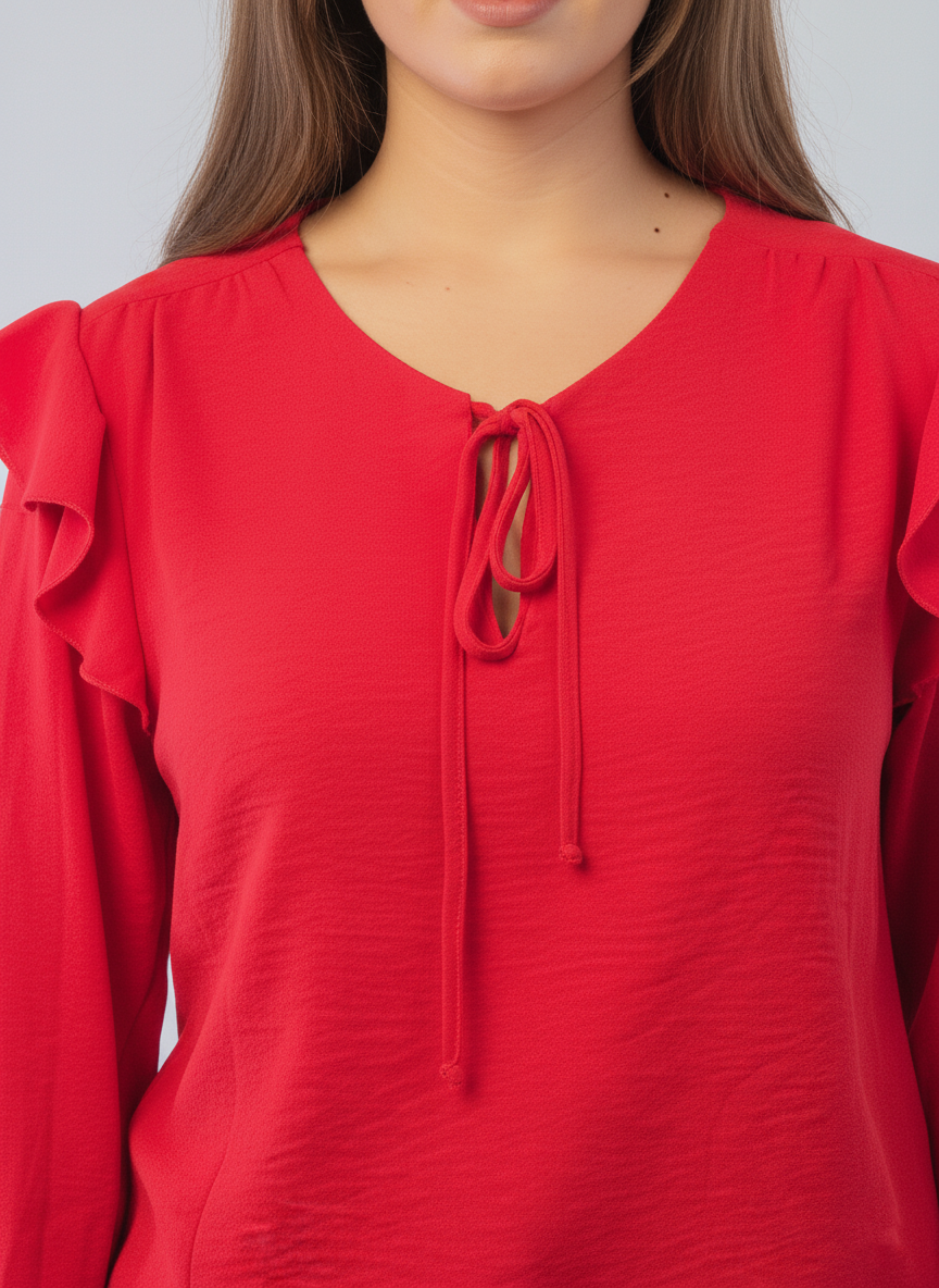 Blusa roja manga larga con amarre en cuello y detalle en hombro