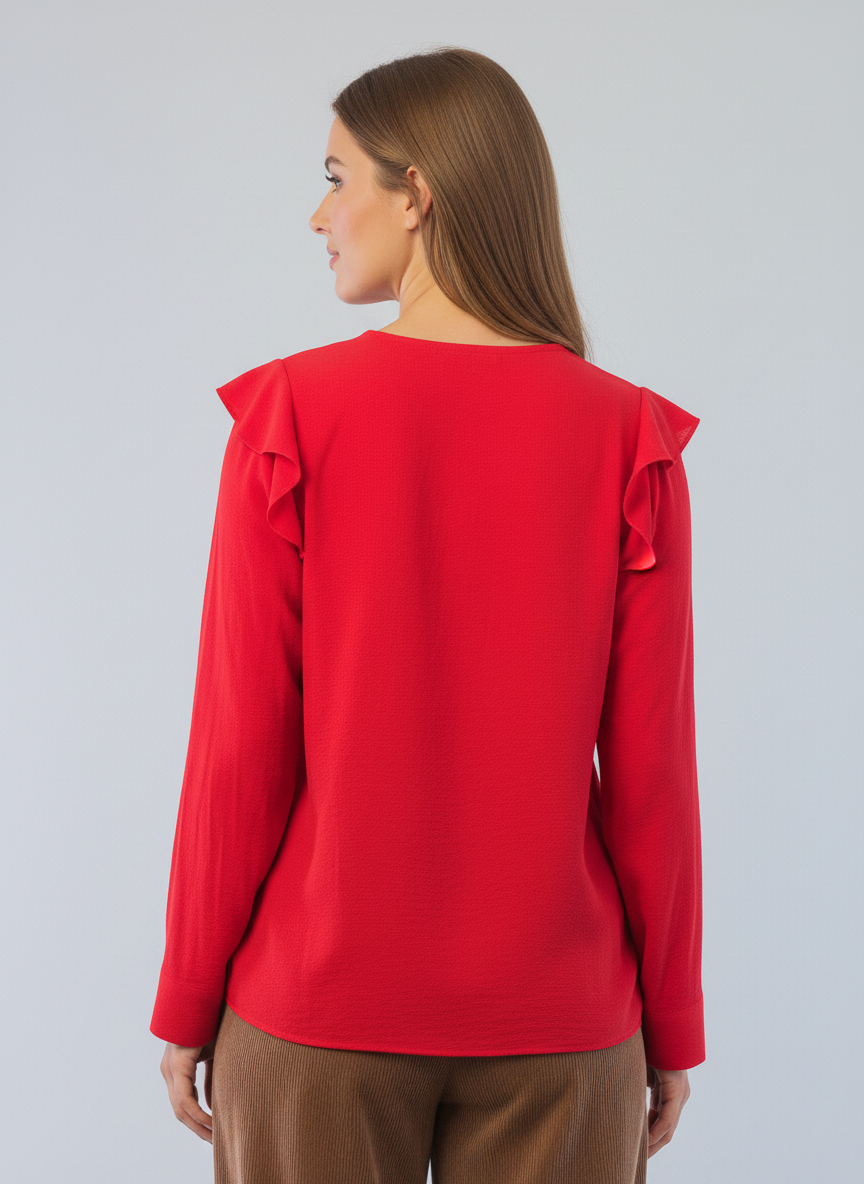 Blusa roja manga larga con amarre en cuello y detalle en hombro