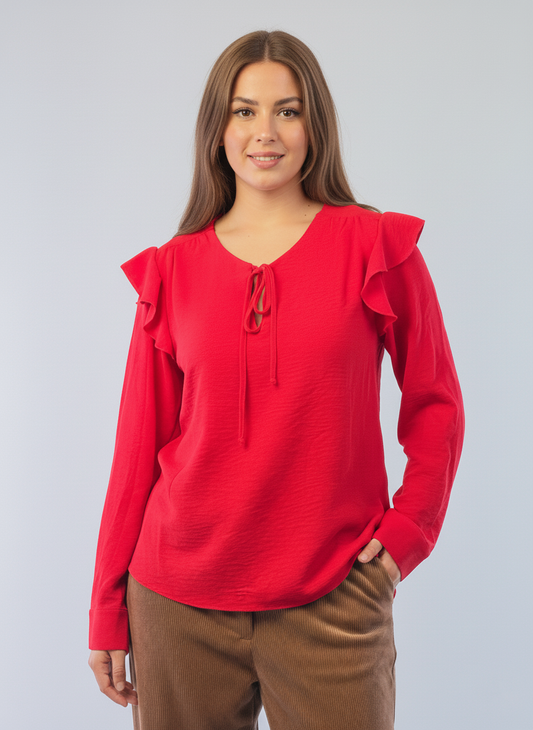 Blusa roja manga larga con amarre en cuello y detalle en hombro