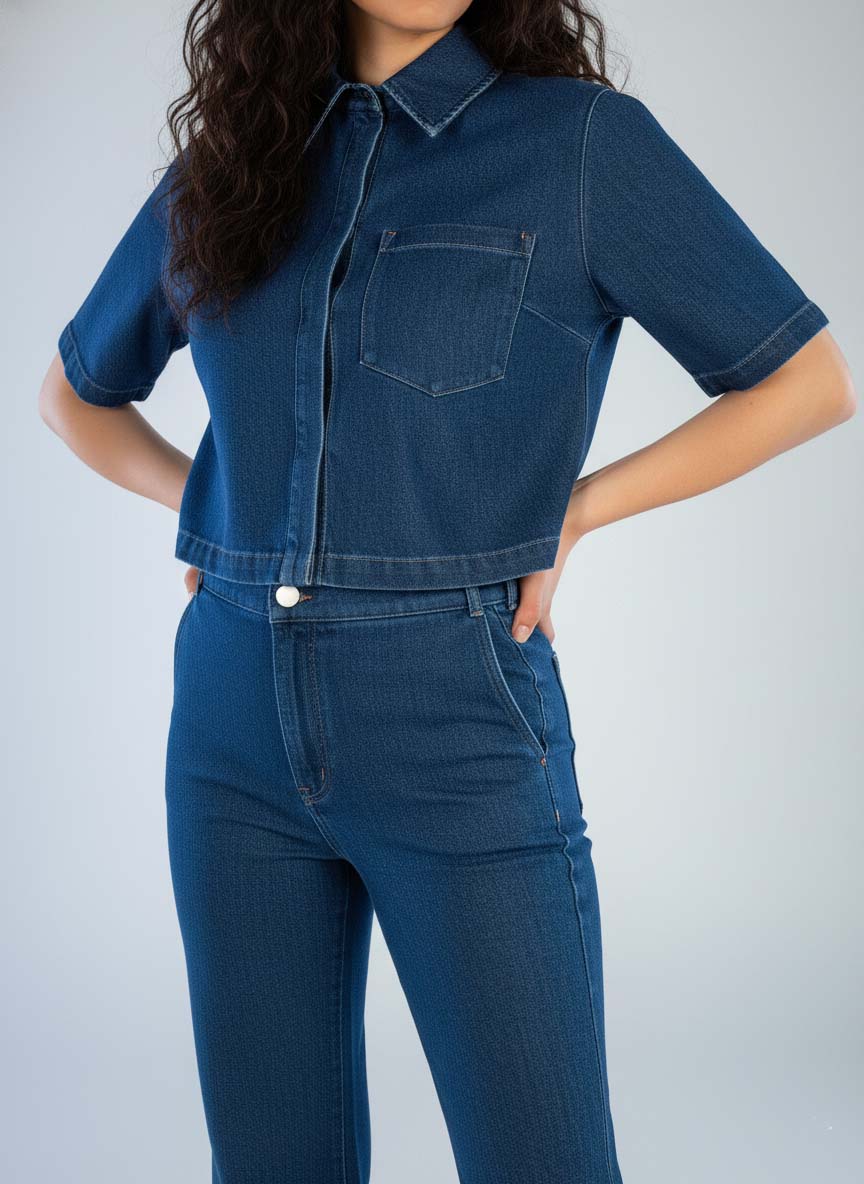 Conjunto de mezclilla de dos piezas de blusa abotonada y pantalon