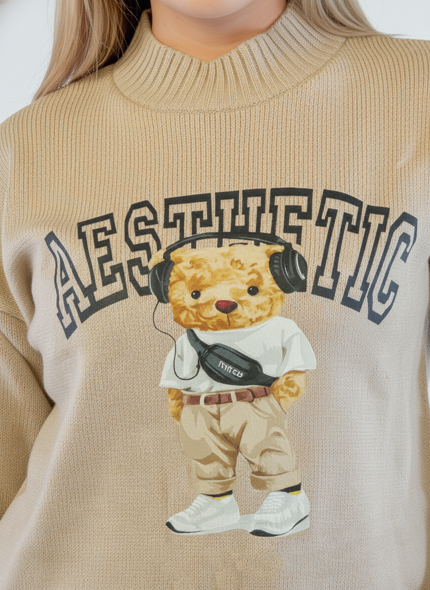 Suéter cafe tejido con estampado de oso