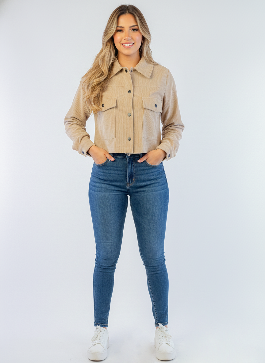 Chamarra corta beige abotonada