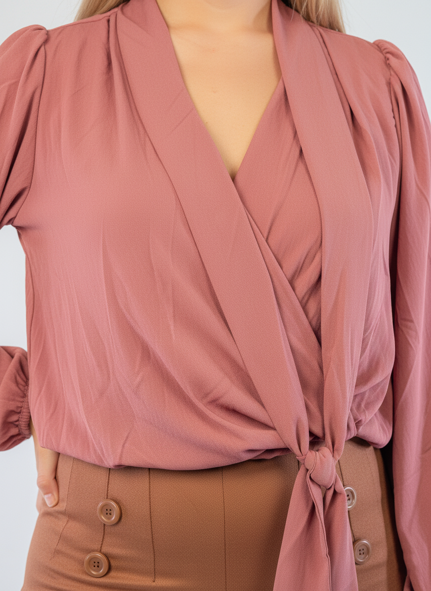 Blusa rosa manga larga con cinta decorativa cuello en V