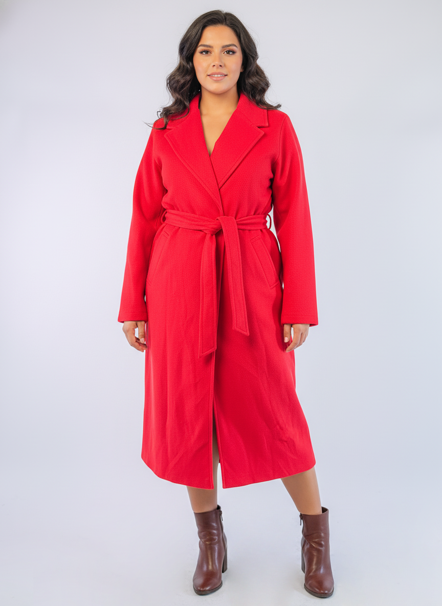 Abrigo largo rojo con amarre en cinturón