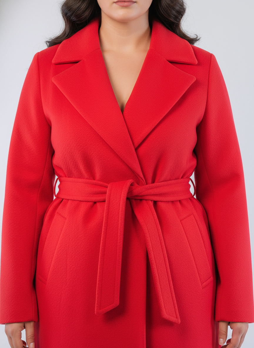 Abrigo largo rojo con amarre en cinturón
