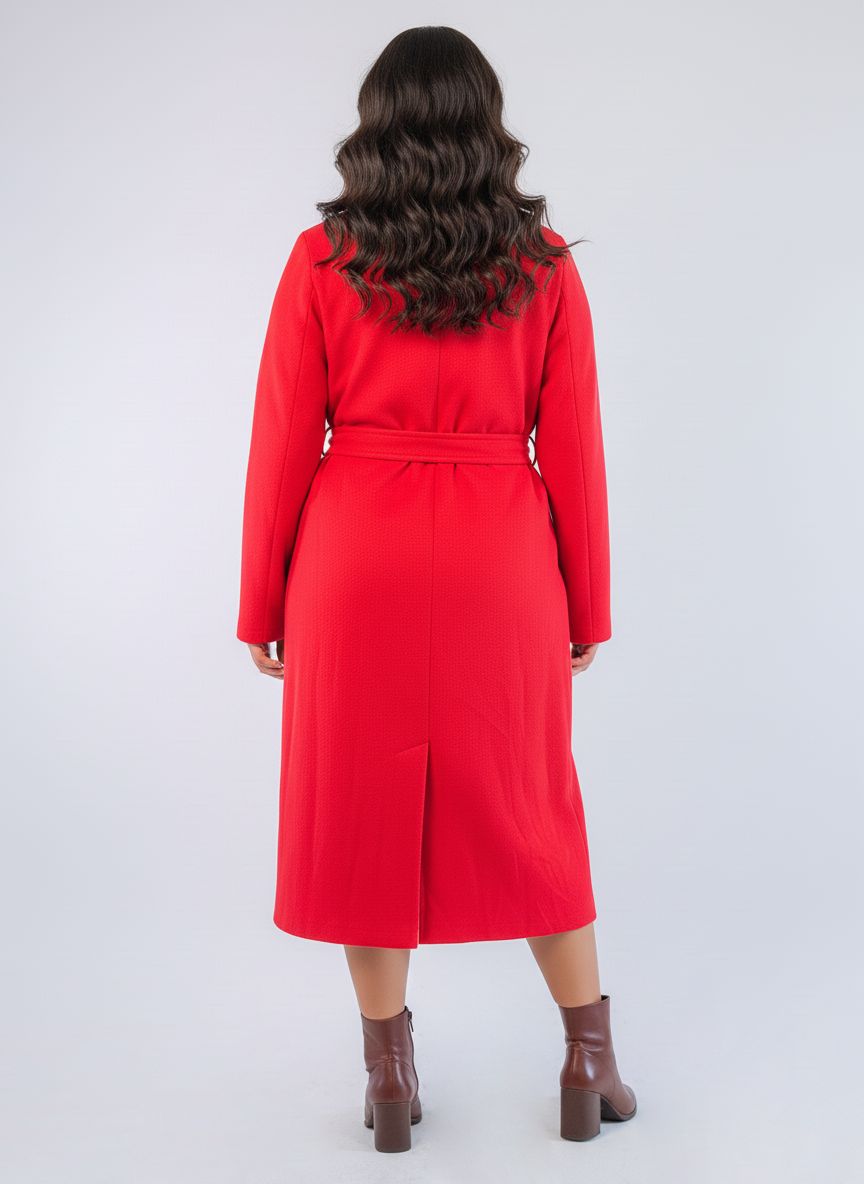 Abrigo largo rojo con amarre en cinturón