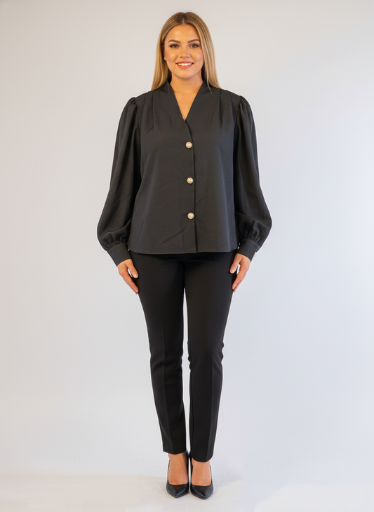 Blusa negra abotonada manga de globo