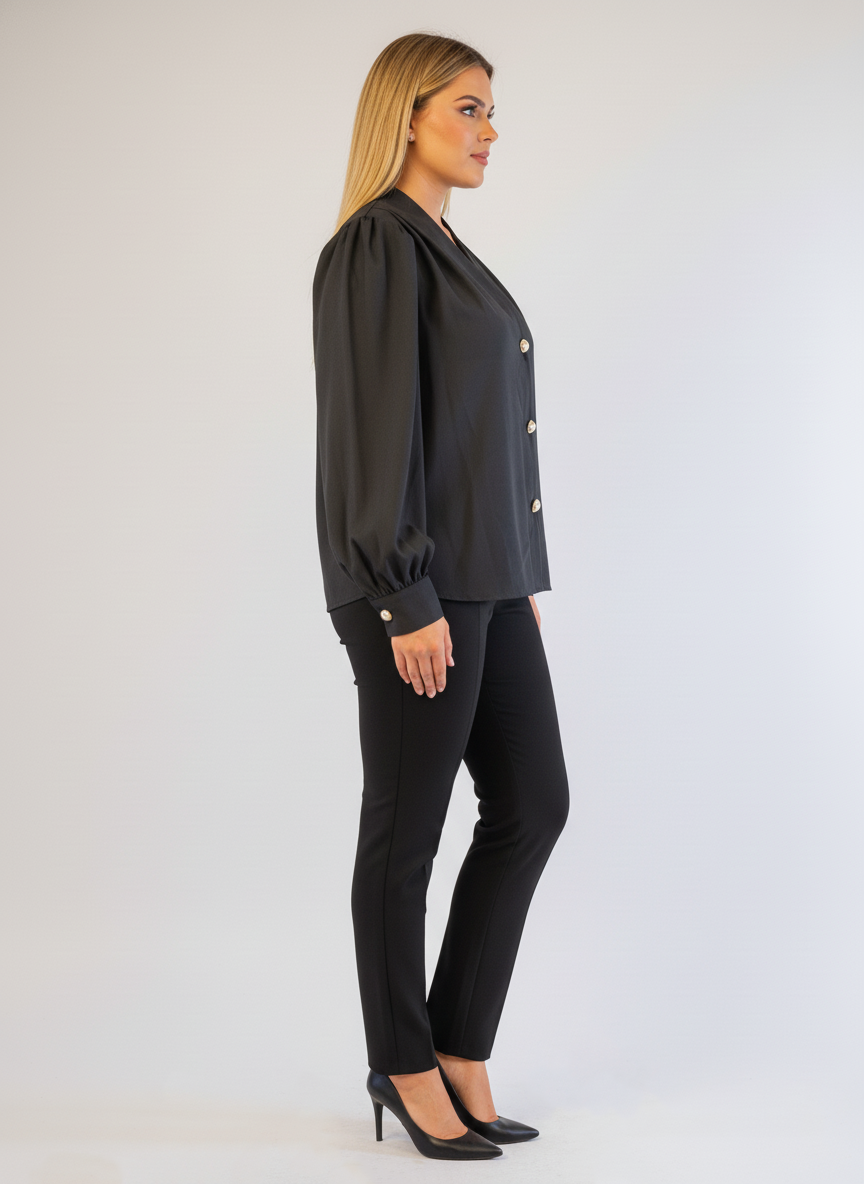 Blusa negra abotonada manga de globo