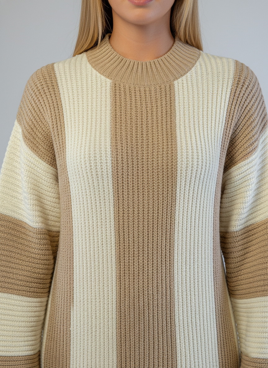 Suéter largo beige y blanco tejido a rayas