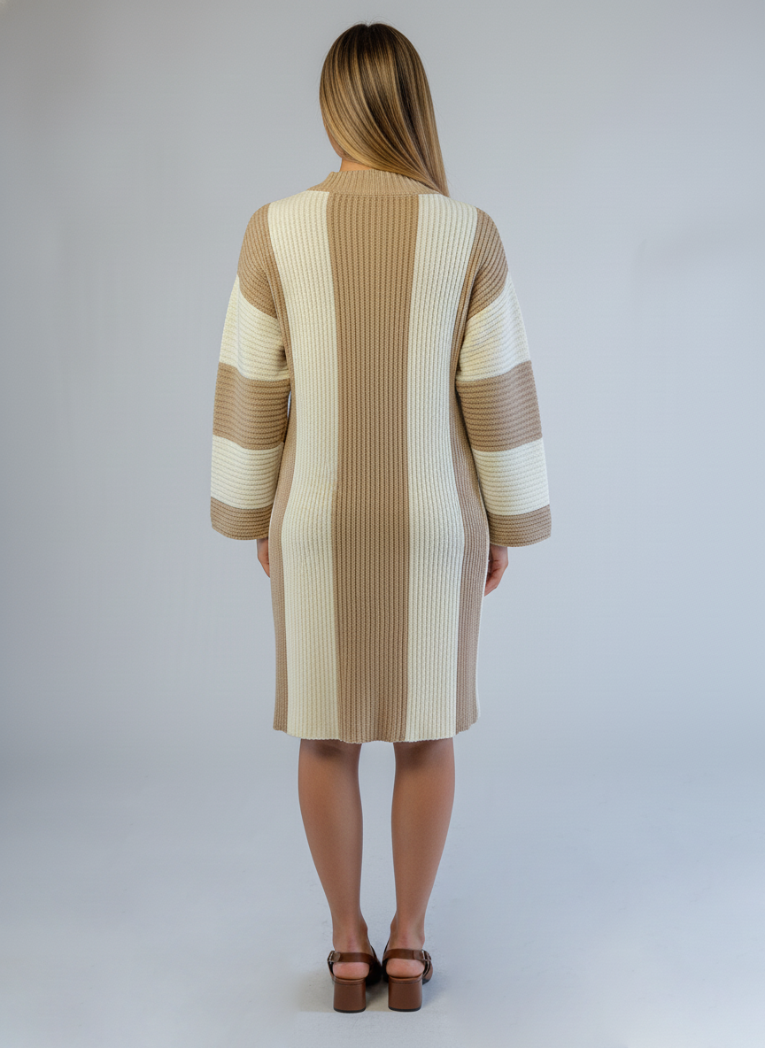 Suéter largo beige y blanco tejido a rayas