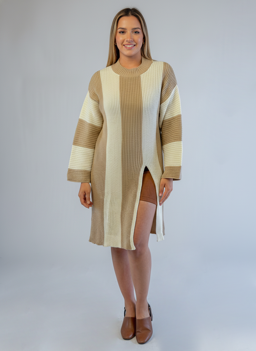 Suéter largo beige y blanco tejido a rayas