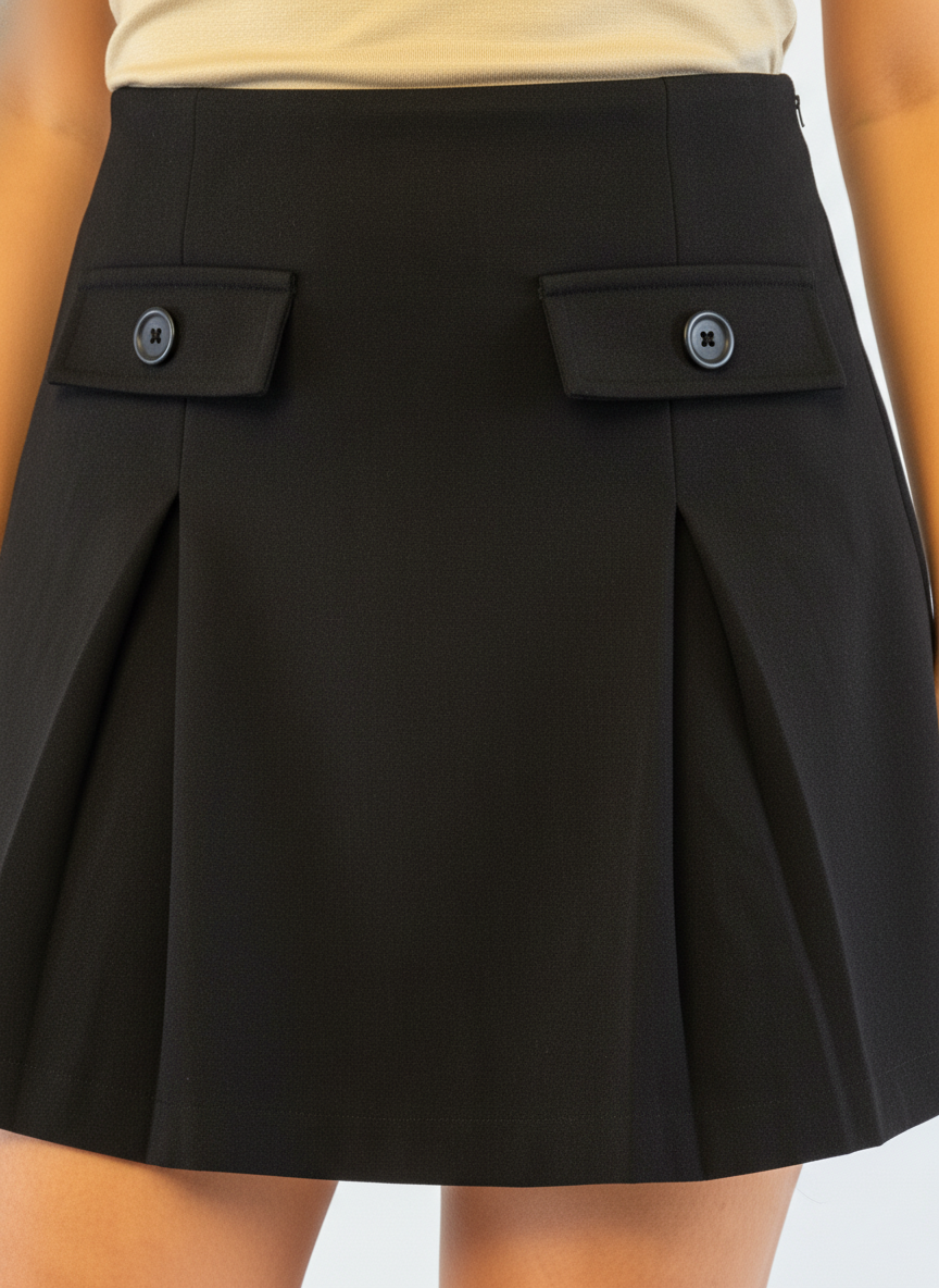 Falda negra de terciopelo tableada con botones decorativas