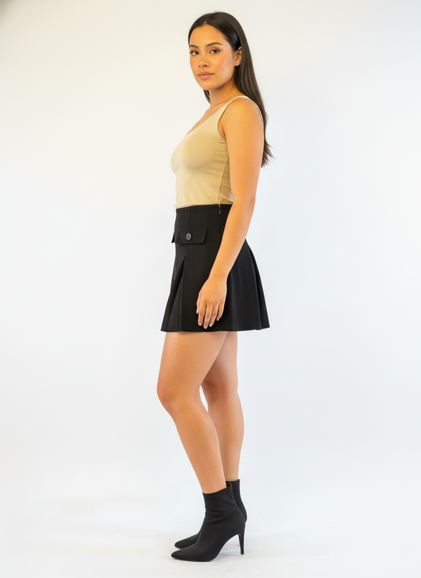 Falda negra de terciopelo tableada con botones decorativas