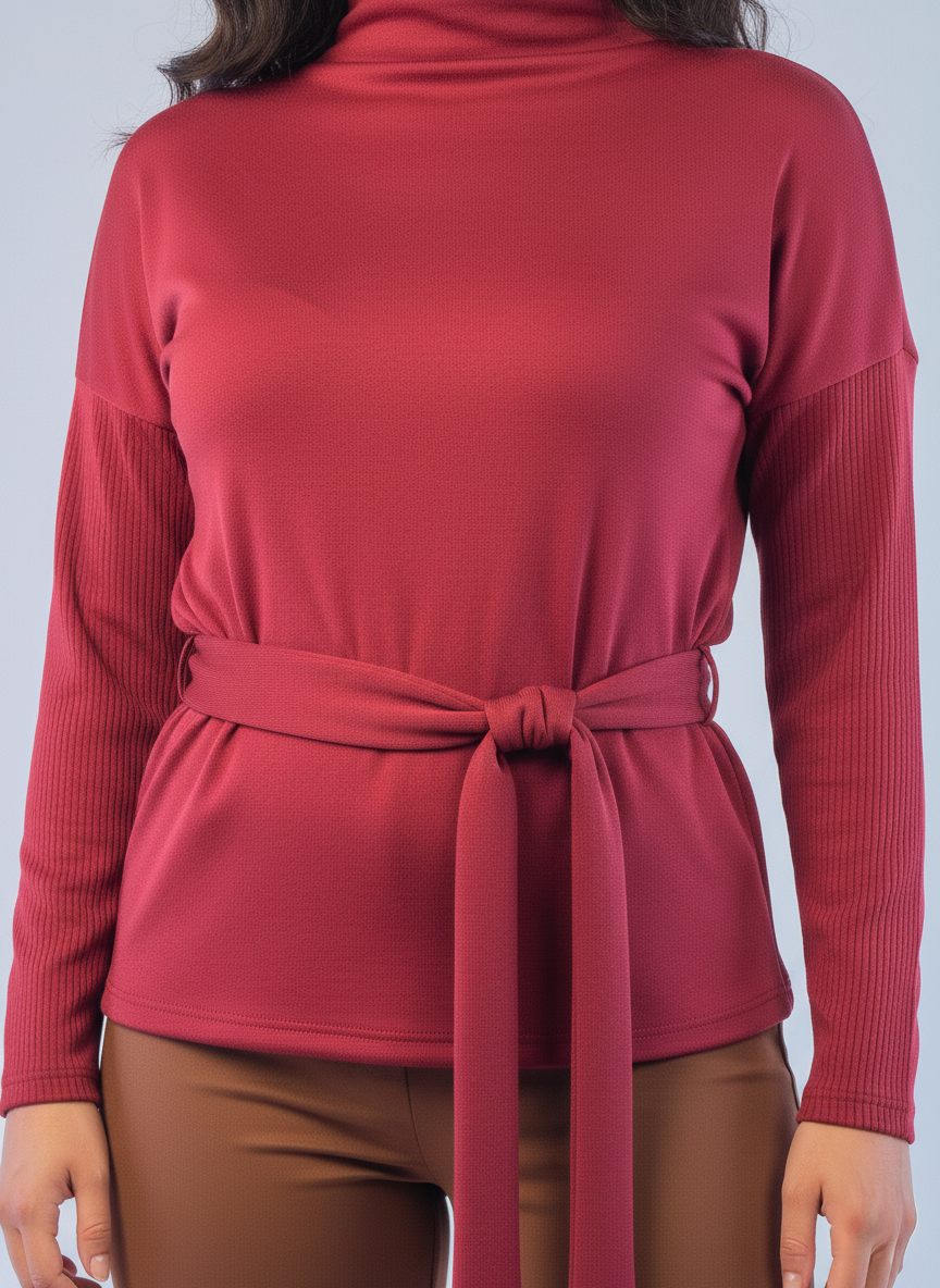 Blusa guinda manga larga con amarre en cintura