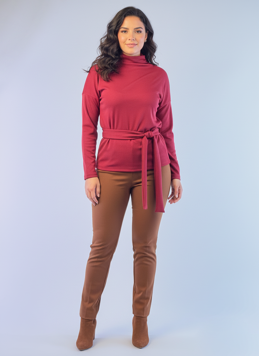 Blusa guinda manga larga con amarre en cintura