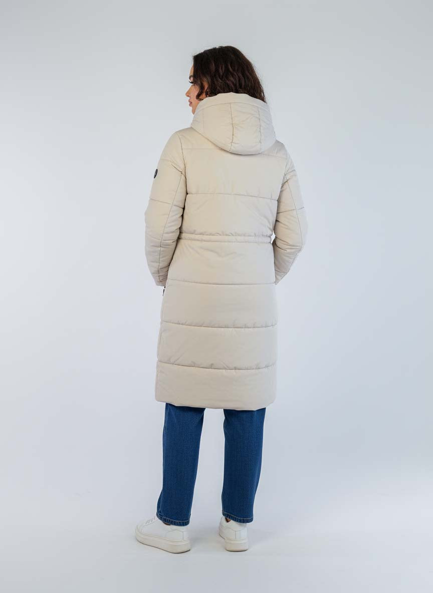 Chamarra beige larga con ajuste de fruncido y gorro